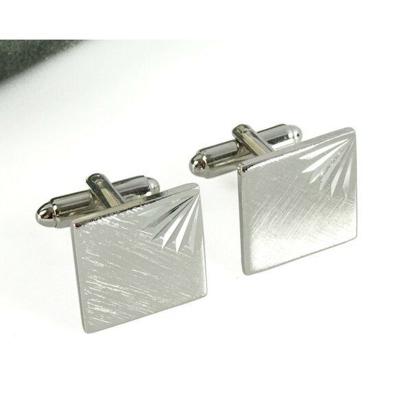 Dante Vintage Cufflinks Set with Tie Tack Pin Silvertone Square Formal Groom Box - Picture 5 of 7